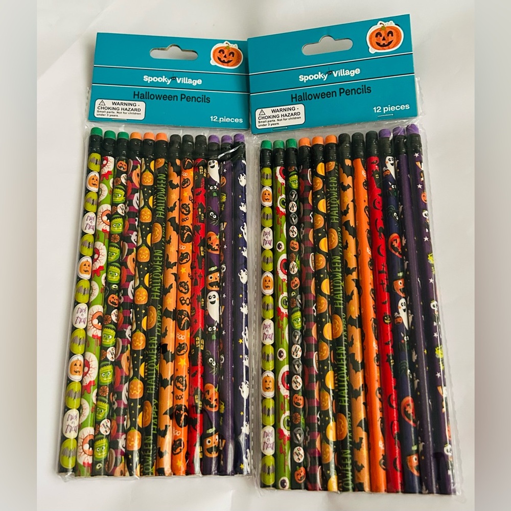 New 2 Packages of Halloween Pencils with Erasers 7 1/2" 24 Pencils Total